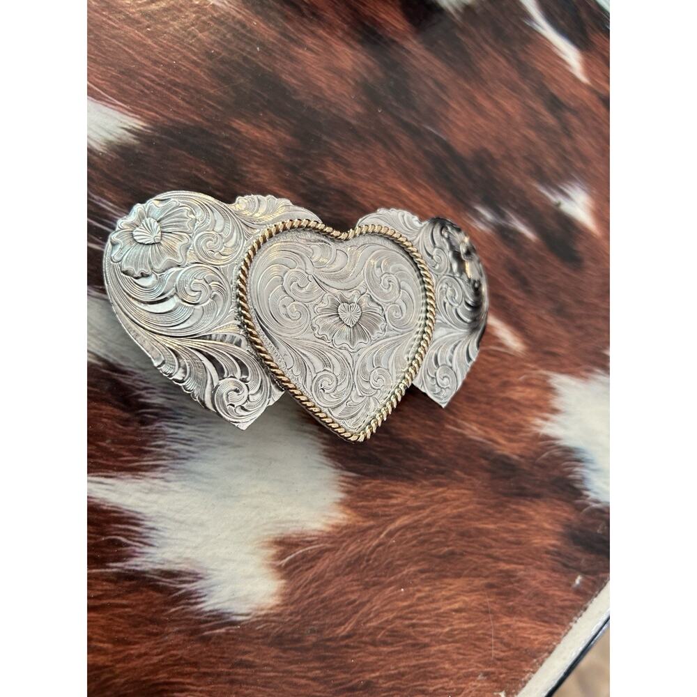 Sterling Silver Plate Montana Silversmiths Triple Heart Belt Buckle Western - Picture 2 of 10